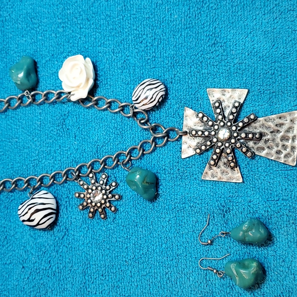 Western Style Cross Necklace and Earrings Set, Turquoise,  Zebra, Flower